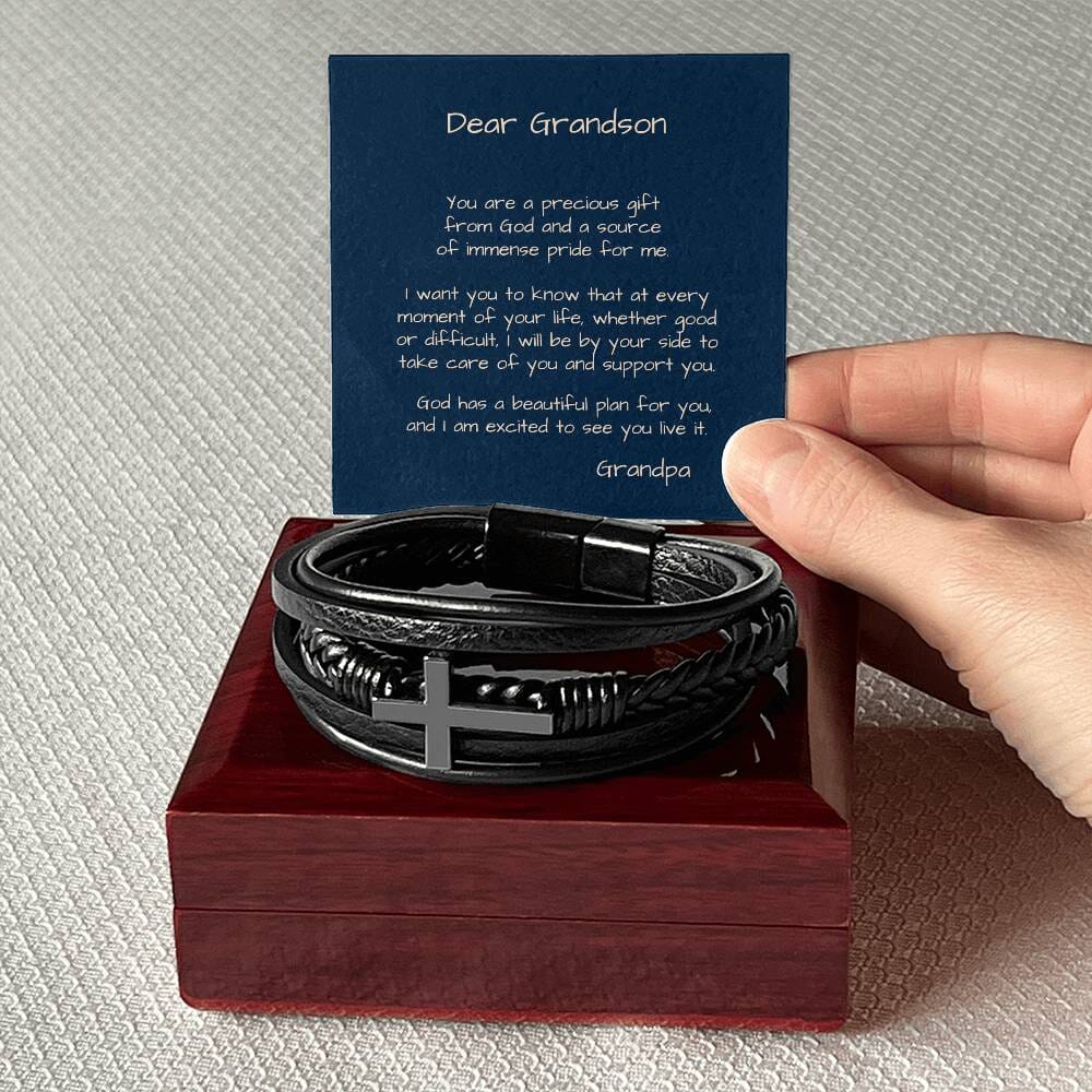 Grandson's Guardian Cross: A Personalized Vegan Leather Bracelet with Heartfelt Message from Grandma or Grandpa Jewelry/CrossLeatherBracelet ShineOn Fulfillment 