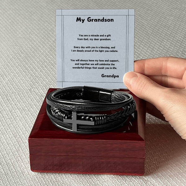 Grandson's Legacy Cross Bracelet: A Personalized Symbol of Love & Guidance Jewelry/CrossLeatherBracelet ShineOn Fulfillment 