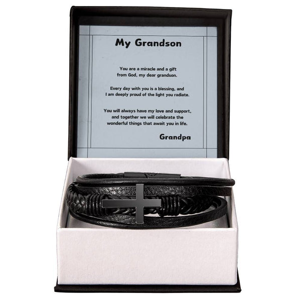 Grandson's Legacy Cross Bracelet: A Personalized Symbol of Love & Guidance Jewelry/CrossLeatherBracelet ShineOn Fulfillment 