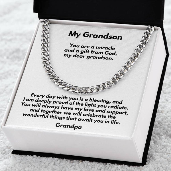 Grandson's Legacy of Love: Personalized Cuban Link Chain Necklace with Heartfelt Message Jewelry/Cubanlink ShineOn Fulfillment 