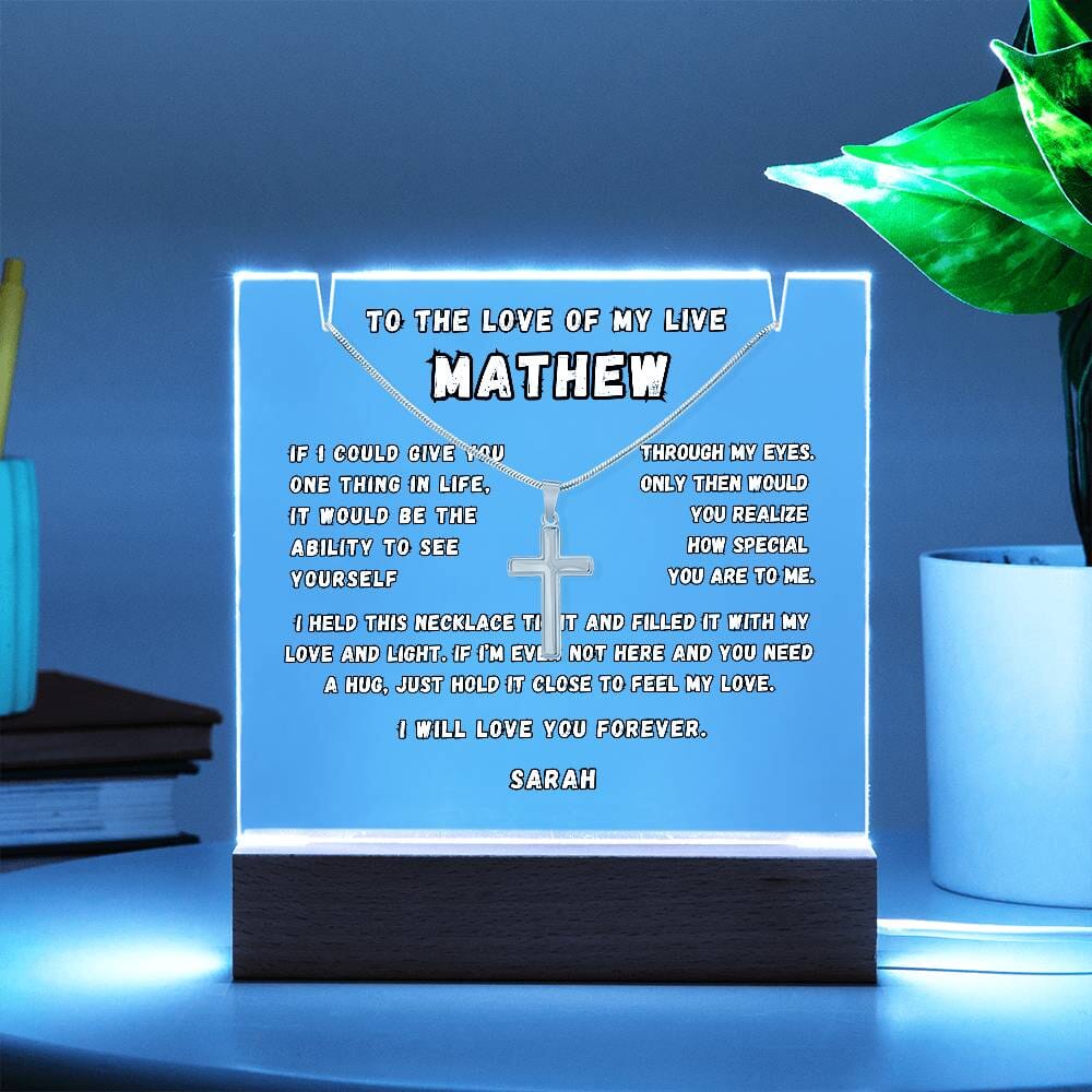 Perfect Gift for Him: Personalized LED Acrylic Keepsake with Cross Necklace Acrylic/Square ShineOn Fulfillment 