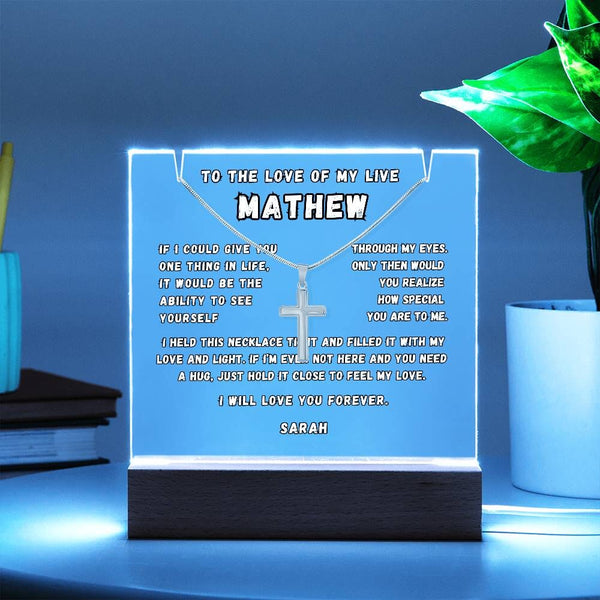 Perfect Gift for Him: Personalized LED Acrylic Keepsake with Cross Necklace Acrylic/Square ShineOn Fulfillment 