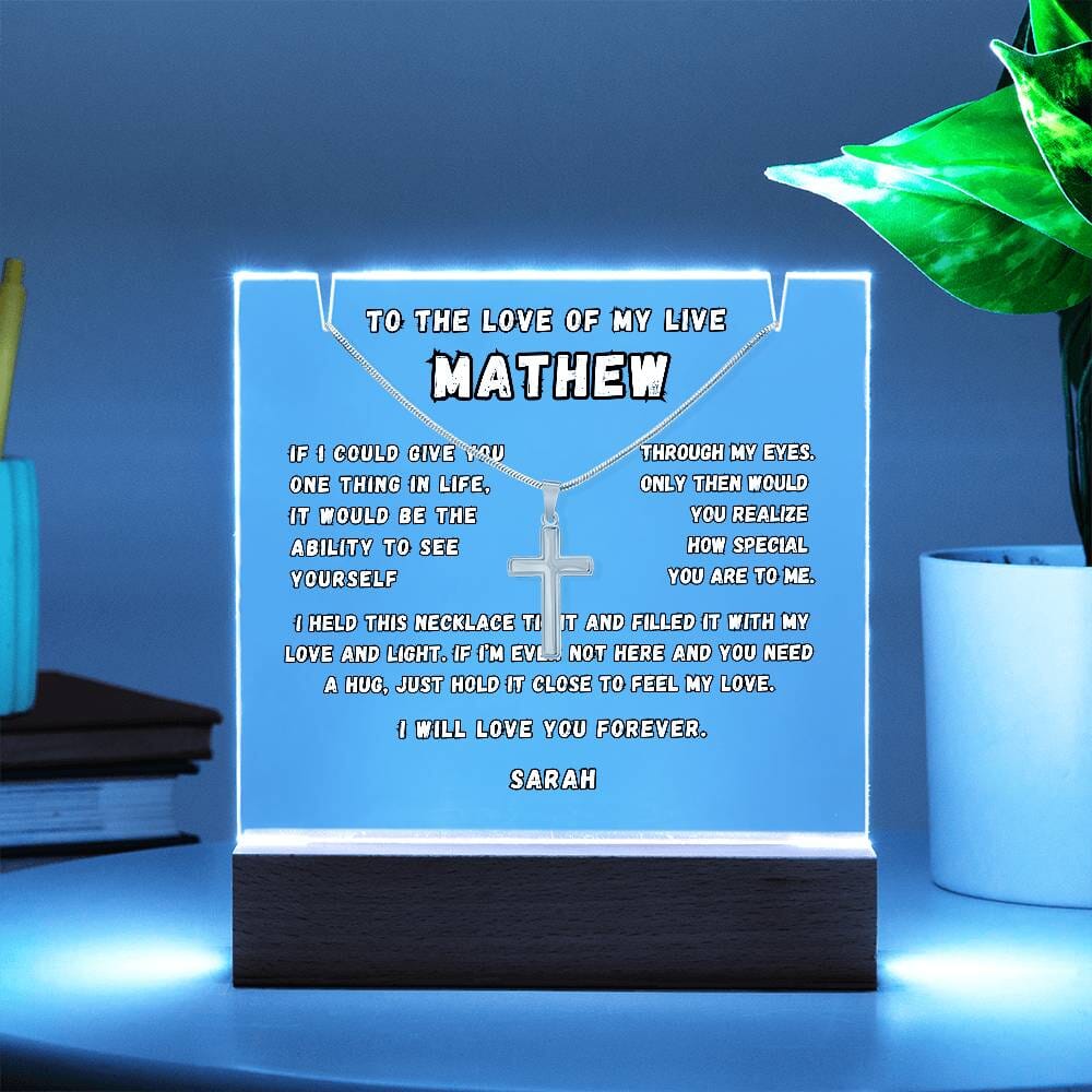 Perfect Gift for Him: Personalized LED Acrylic Keepsake with Cross Necklace Acrylic/Square ShineOn Fulfillment 