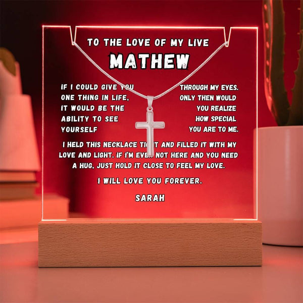 Perfect Gift for Him: Personalized LED Acrylic Keepsake with Cross Necklace Acrylic/Square ShineOn Fulfillment 