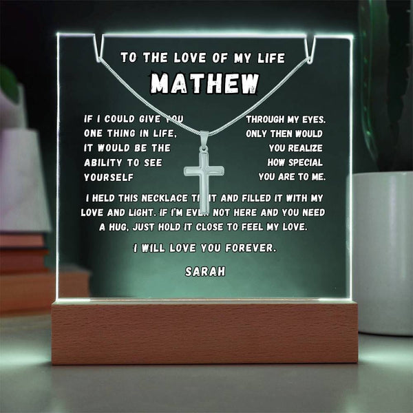 Perfect Gift for Him: Personalized LED Acrylic Keepsake with Cross Necklace Jewelry ShineOn Fulfillment LED Corded Base 