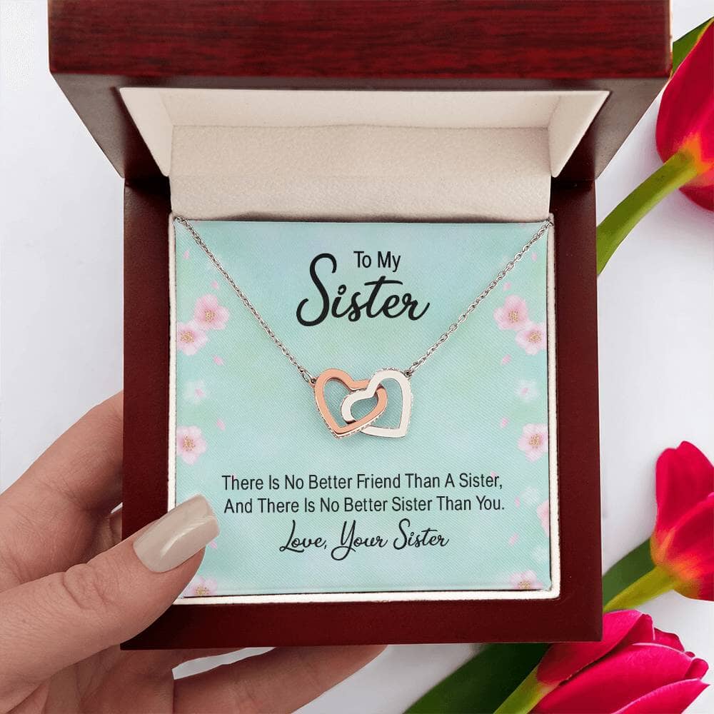 Sisters' Eternal Bond: Interlocking Hearts Necklace with Sentimental Message Jewelry/InterlockingHearts ShineOn Fulfillment Polished Stainless Steel & Rose Gold Finish Luxury Box 