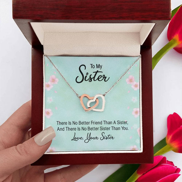 Sisters' Eternal Bond: Interlocking Hearts Necklace with Sentimental Message Jewelry/InterlockingHearts ShineOn Fulfillment Polished Stainless Steel & Rose Gold Finish Luxury Box 