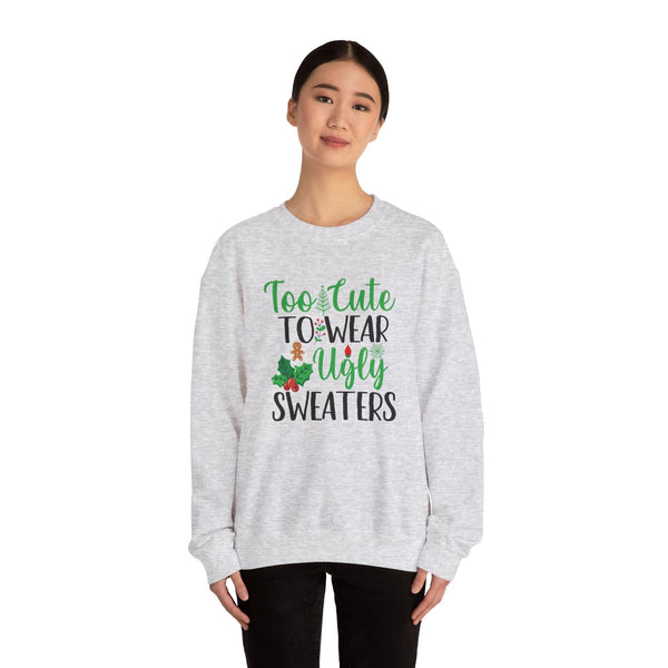 Too Cute for Ugly Sweaters" - Unisex Holiday Sweater in Festive White, Ash, and Red Sweatshirt Printify 