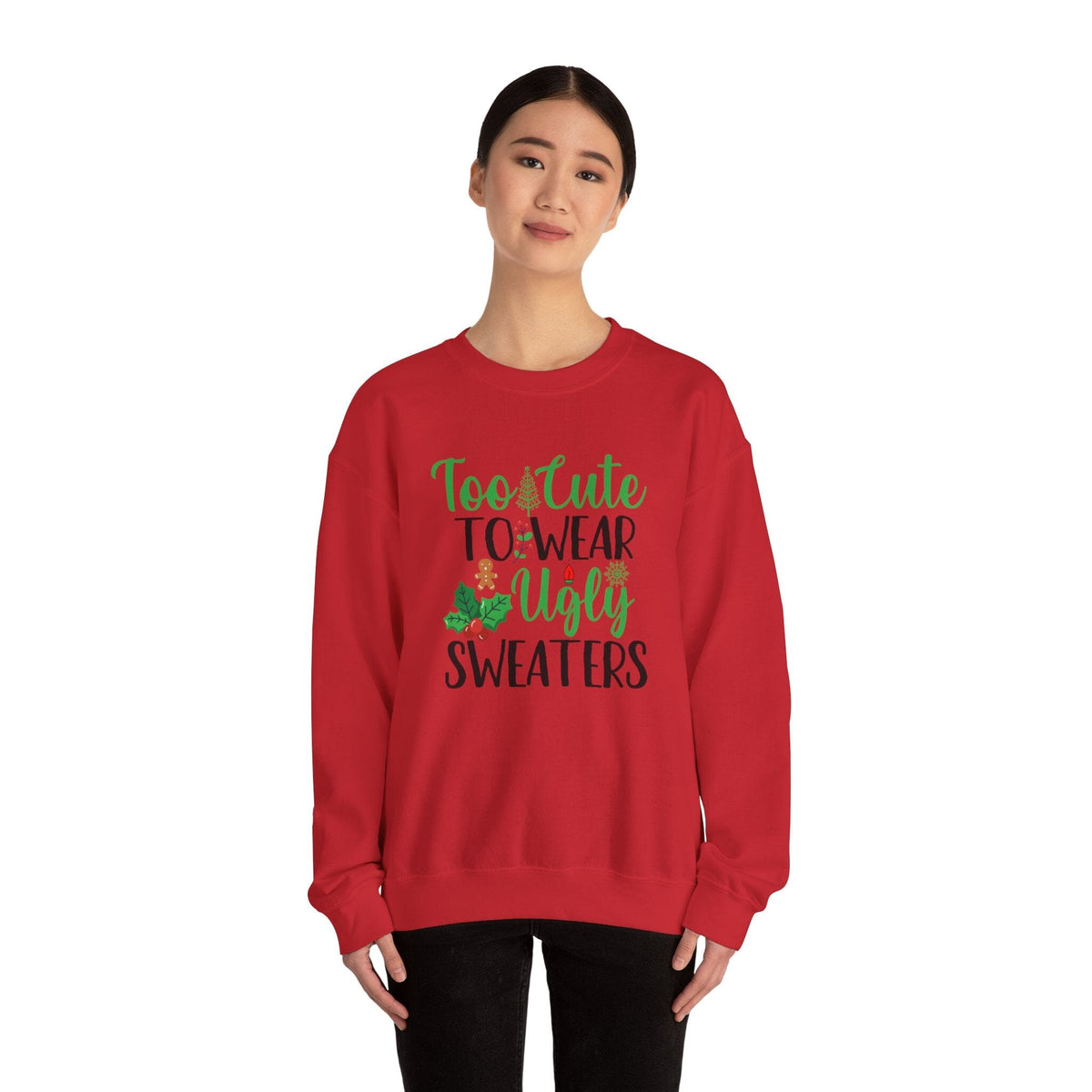 Too Cute for Ugly Sweaters" - Unisex Holiday Sweater in Festive White, Ash, and Red Sweatshirt Printify 