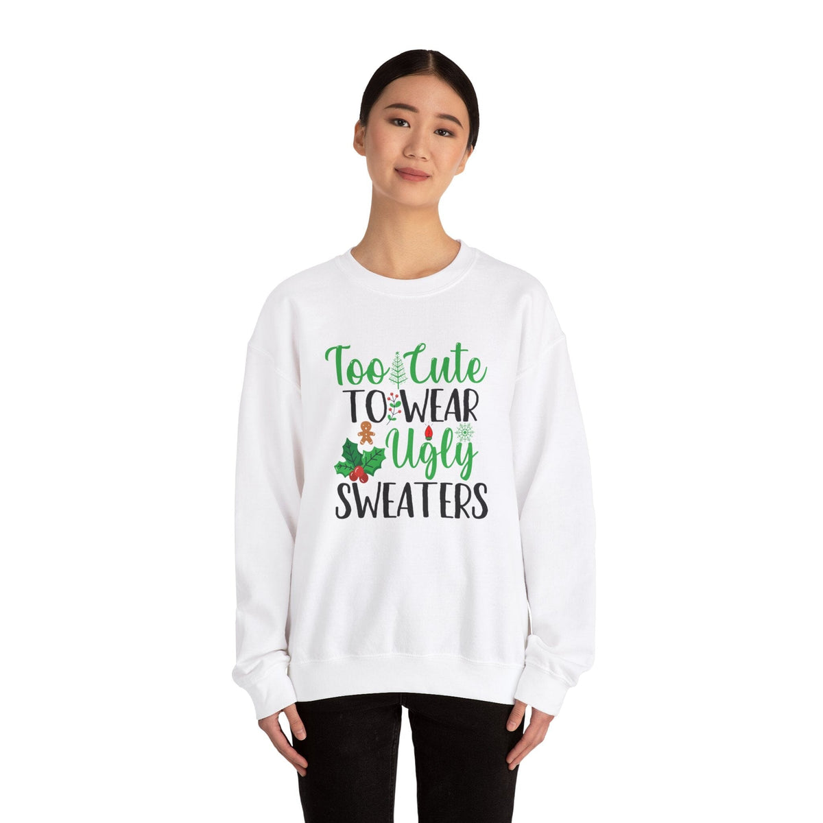 Too Cute for Ugly Sweaters" - Unisex Holiday Sweater in Festive White, Ash, and Red Sweatshirt Printify 