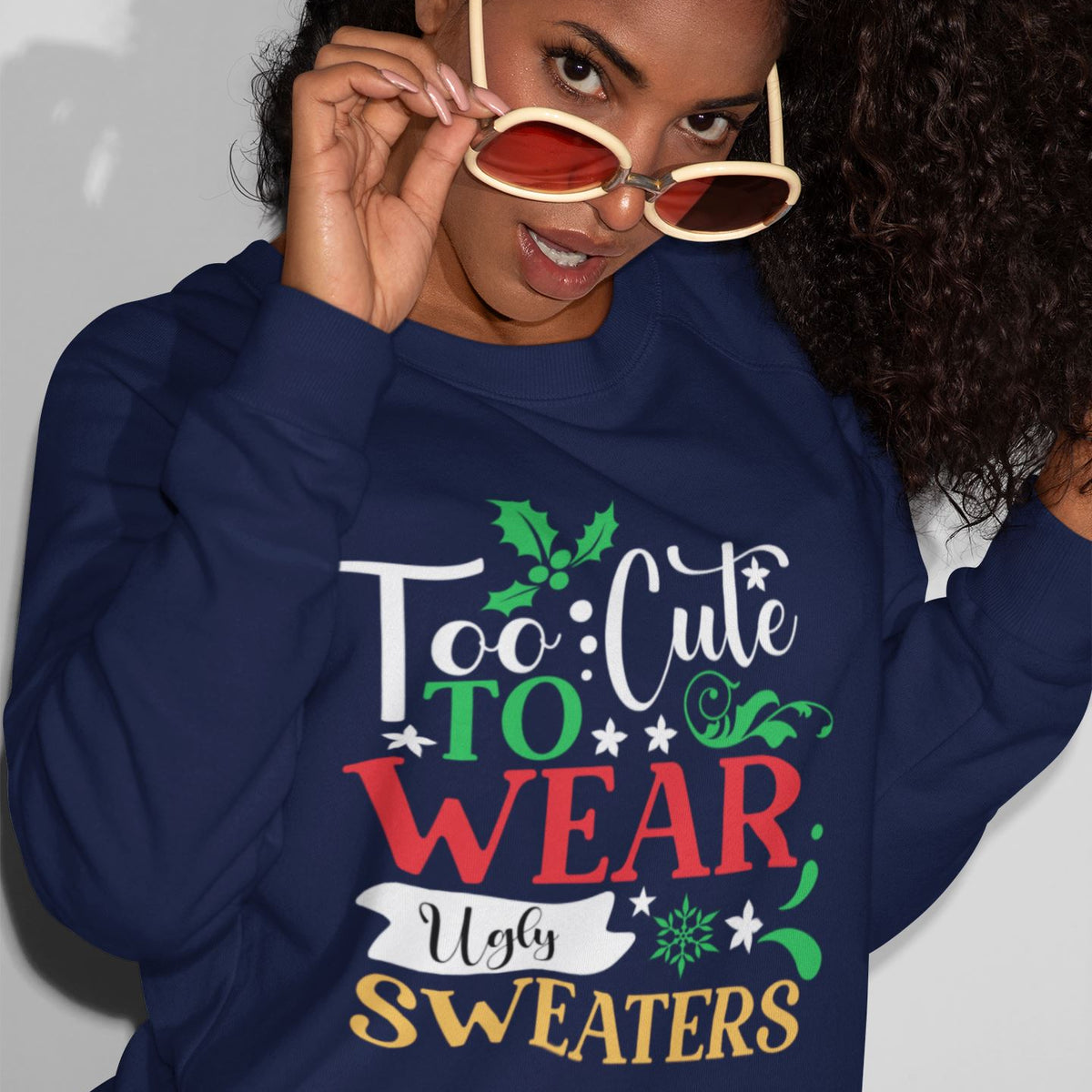 Too Cute to WEAR Ugly Sweaters - Unisex Christmas Sweater in Black, Indigo Blue, and Navy Sweatshirt Printify 