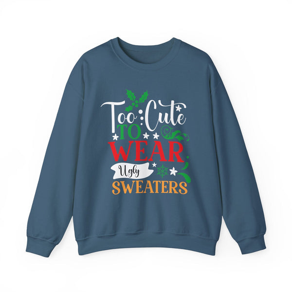 Too Cute to WEAR Ugly Sweaters - Unisex Christmas Sweater in Black, Indigo Blue, and Navy Sweatshirt Printify Indigo Blue S 