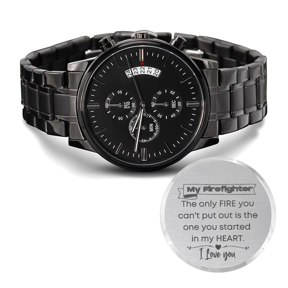 A Gift for Firefighter - Engraved Design Black Chronograph Watch Jewelry ShineOn Fulfillment 
