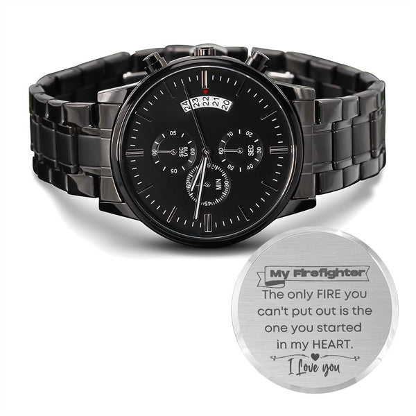 A Gift for Firefighter - Engraved Design Black Chronograph Watch Jewelry ShineOn Fulfillment 