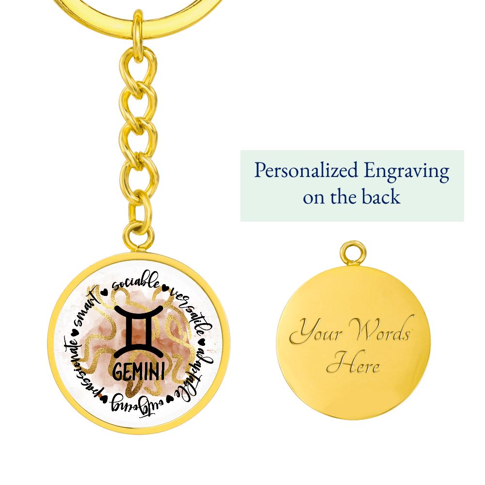 GEMINI: Passionate, Smart, Sociable, Versatile, Adaptable, Outgoing. - Graphic Circle Keychain Jewelry ShineOn Fulfillment Luxury Keychain (18K Yellow Gold Finish) Yes 