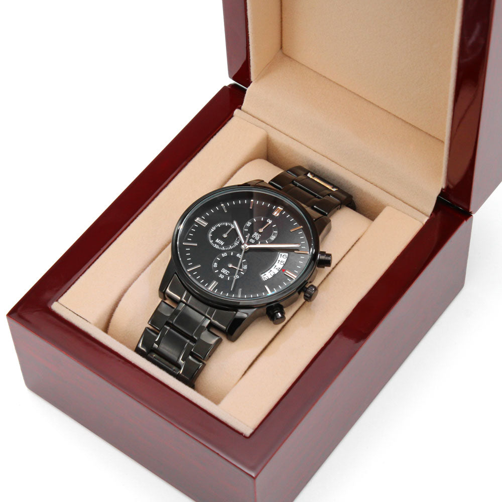 The best gift for your Dad -Engraved Design Black Chronograph Watch Jewelry ShineOn Fulfillment 