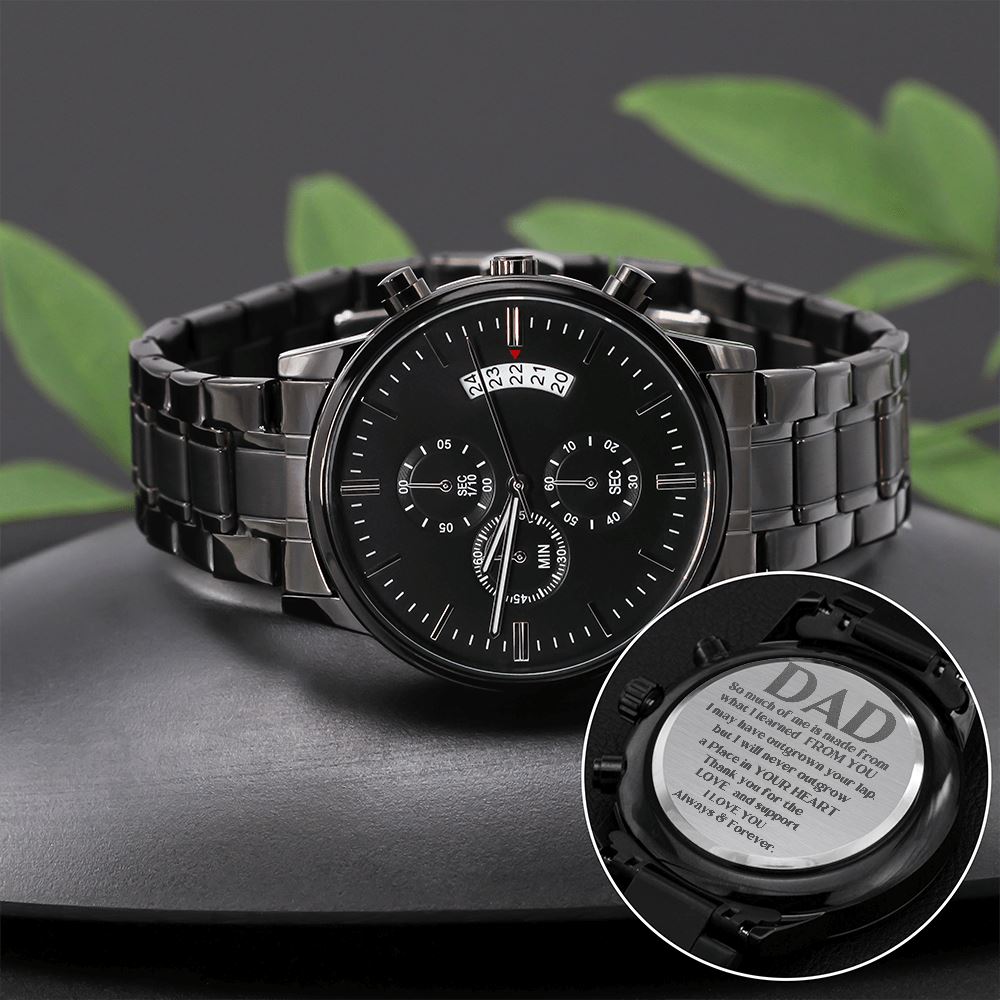 The best gift for your Dad -Engraved Design Black Chronograph Watch Jewelry ShineOn Fulfillment 