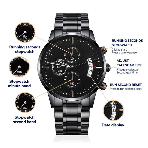 The best gift for your Dad -Engraved Design Black Chronograph Watch Jewelry ShineOn Fulfillment 