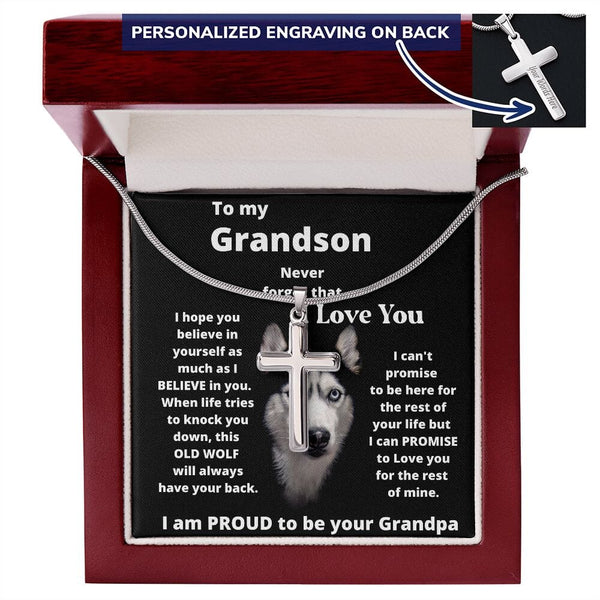 To my Grandson - Never forget that I Love You - Personalized Cross Necklace Jewelry ShineOn Fulfillment Luxury Box w/ LED 