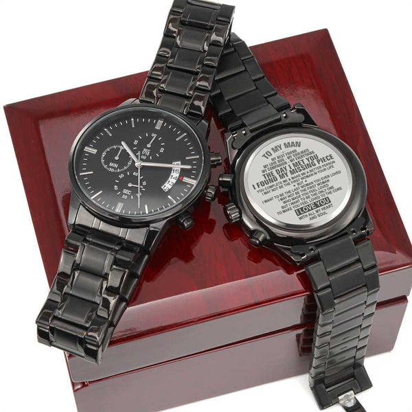 To my Man, my best friend, my soulmate - Engraved Design Black Chronograph Watch Jewelry ShineOn Fulfillment Luxury Box 