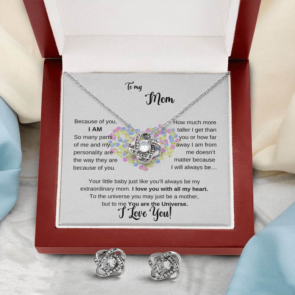 To my Mother - Because of you I AM - Love Knot Earring & Necklace Set Jewelry ShineOn Fulfillment 