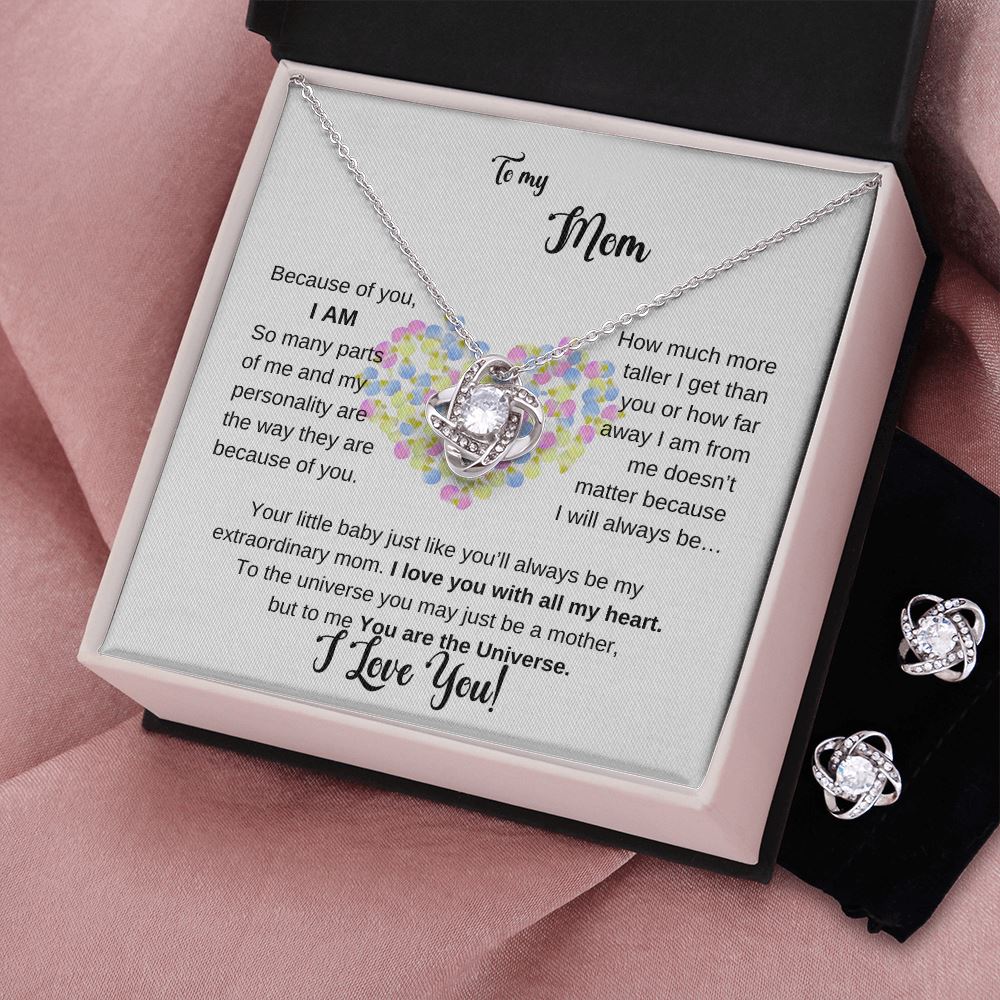 To my Mother - Because of you I AM - Love Knot Earring & Necklace Set Jewelry ShineOn Fulfillment 