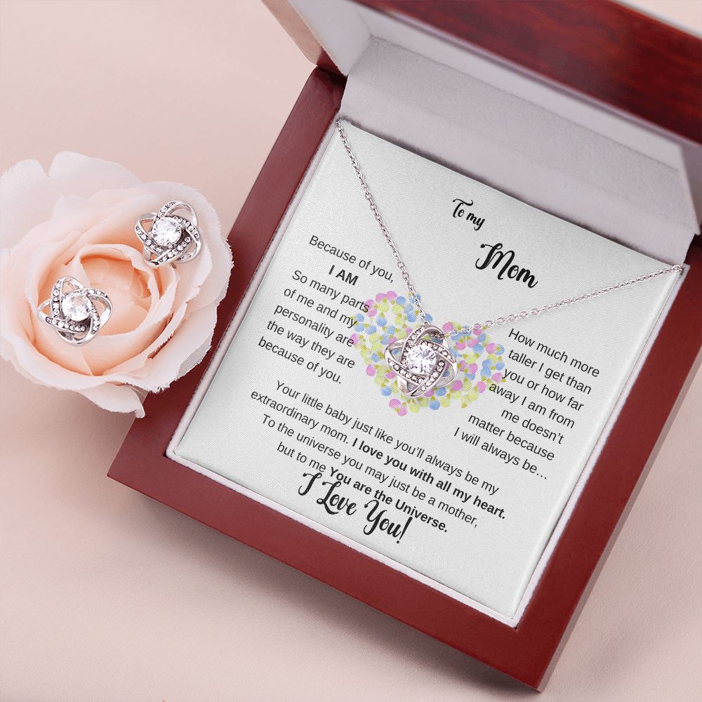 To my Mother - Because of you I AM - Love Knot Earring & Necklace Set Jewelry ShineOn Fulfillment Mahogany Style Luxury Box 