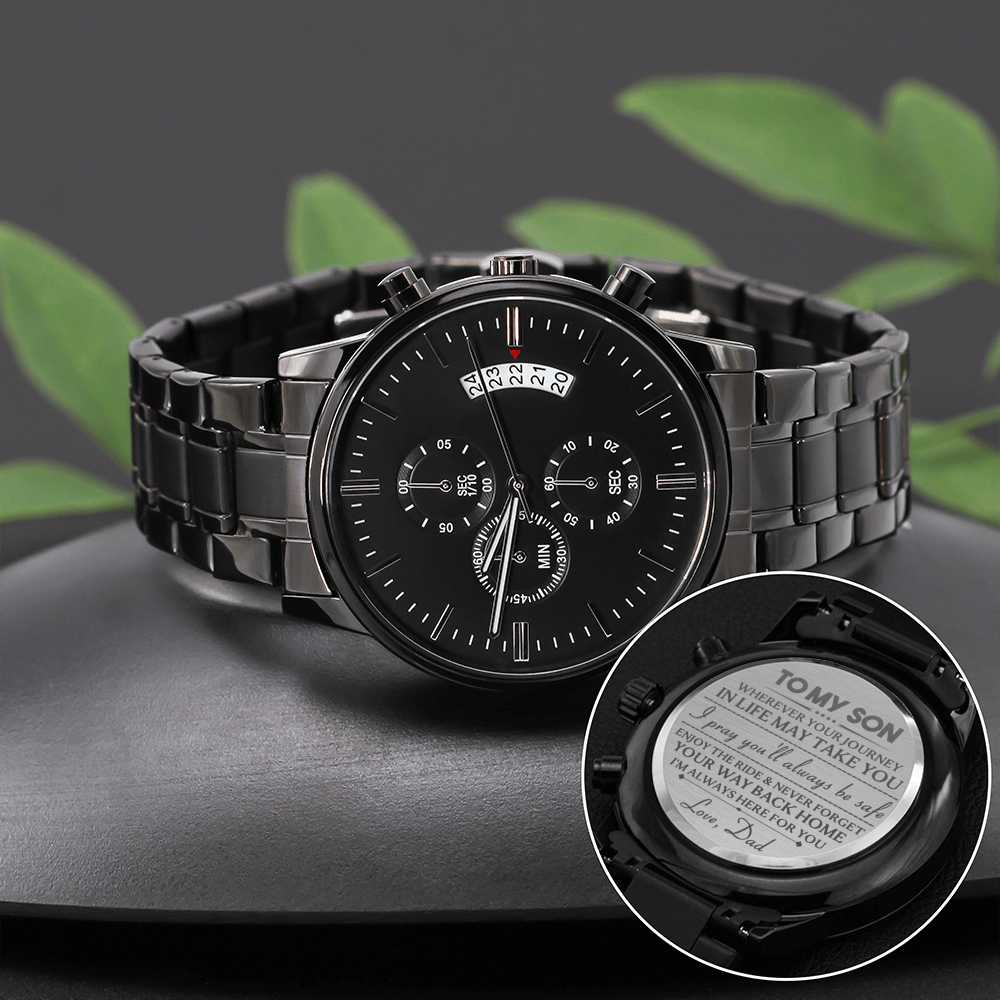 To my Son, Love Dad - Engraved Design Black Chronograph Watch Jewelry ShineOn Fulfillment 