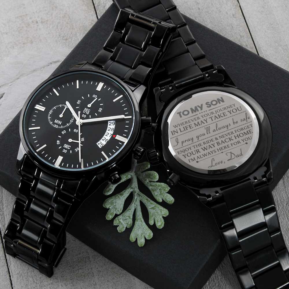 To my Son, Love Dad - Engraved Design Black Chronograph Watch Jewelry ShineOn Fulfillment 