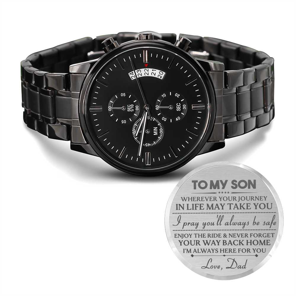 To my Son, Love Dad - Engraved Design Black Chronograph Watch Jewelry ShineOn Fulfillment 