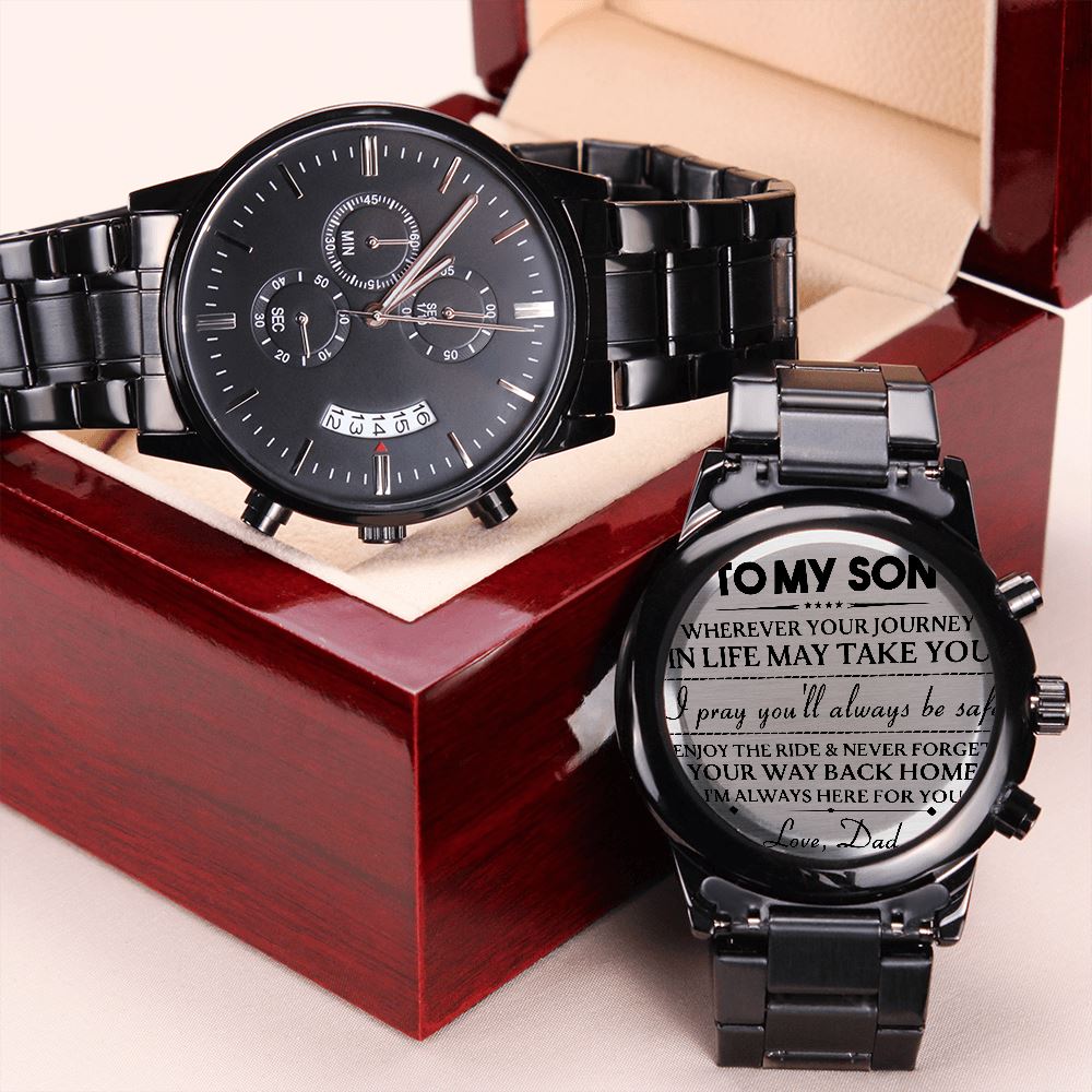 To my Son, Love Dad - Engraved Design Black Chronograph Watch Jewelry ShineOn Fulfillment 