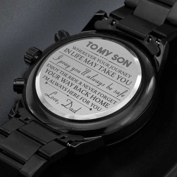 To my Son, Love Dad - Engraved Design Black Chronograph Watch Jewelry ShineOn Fulfillment 