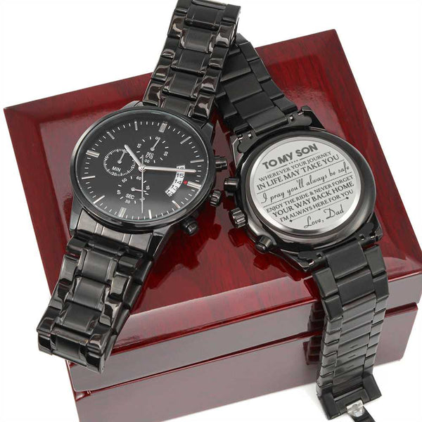 To my Son, Love Dad - Engraved Design Black Chronograph Watch Jewelry ShineOn Fulfillment Luxury Box 