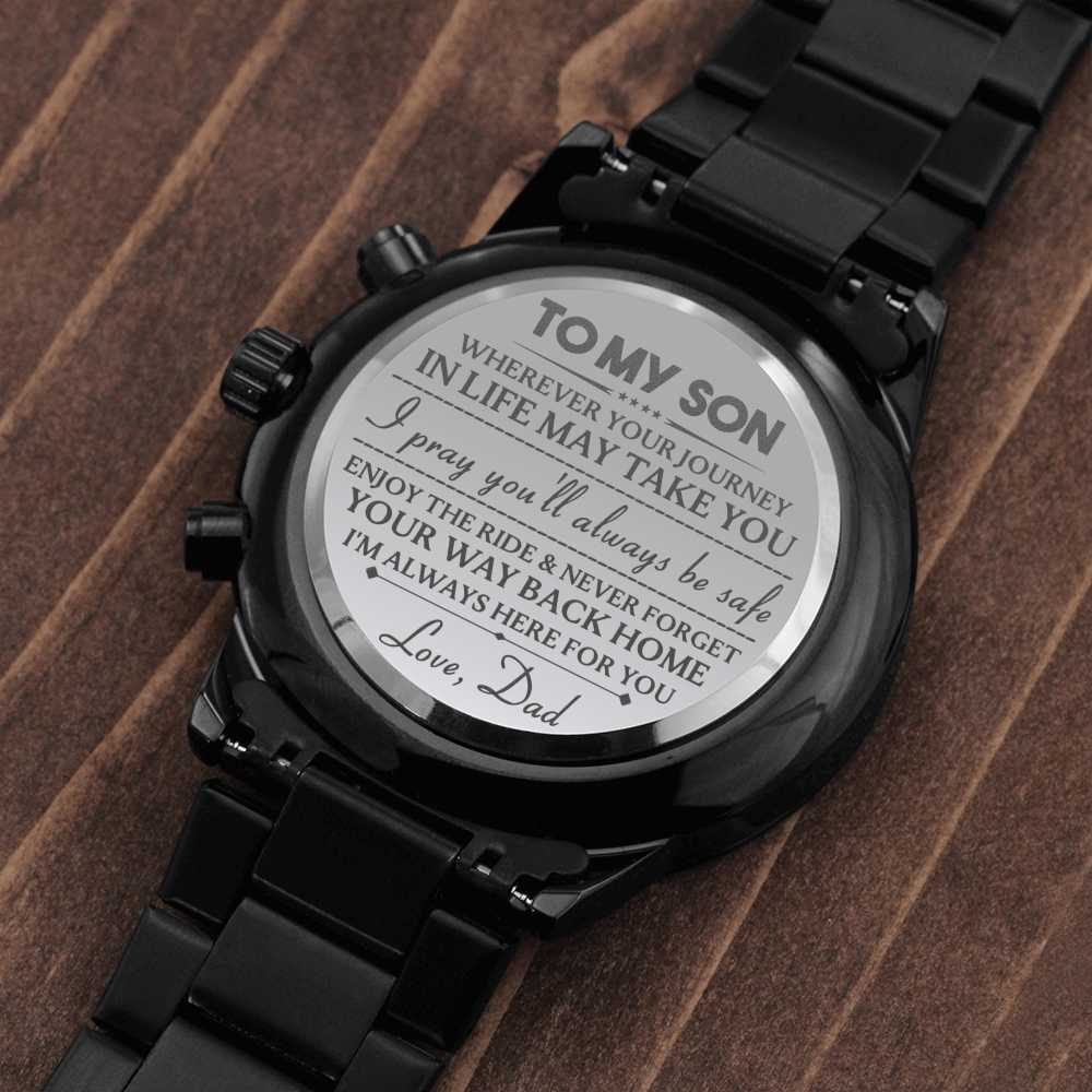 To my Son, Love Dad - Engraved Design Black Chronograph Watch Jewelry ShineOn Fulfillment Standard Box 