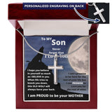 To my Son - This Old Wolf always have your back- Stainless Steel Cross Necklace From MOM Jewelry ShineOn Fulfillment Luxury Box w/ LED 