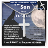To my Son - This Old Wolf always have your back- Stainless Steel Cross Necklace From MOM Jewelry ShineOn Fulfillment Two Toned Box 